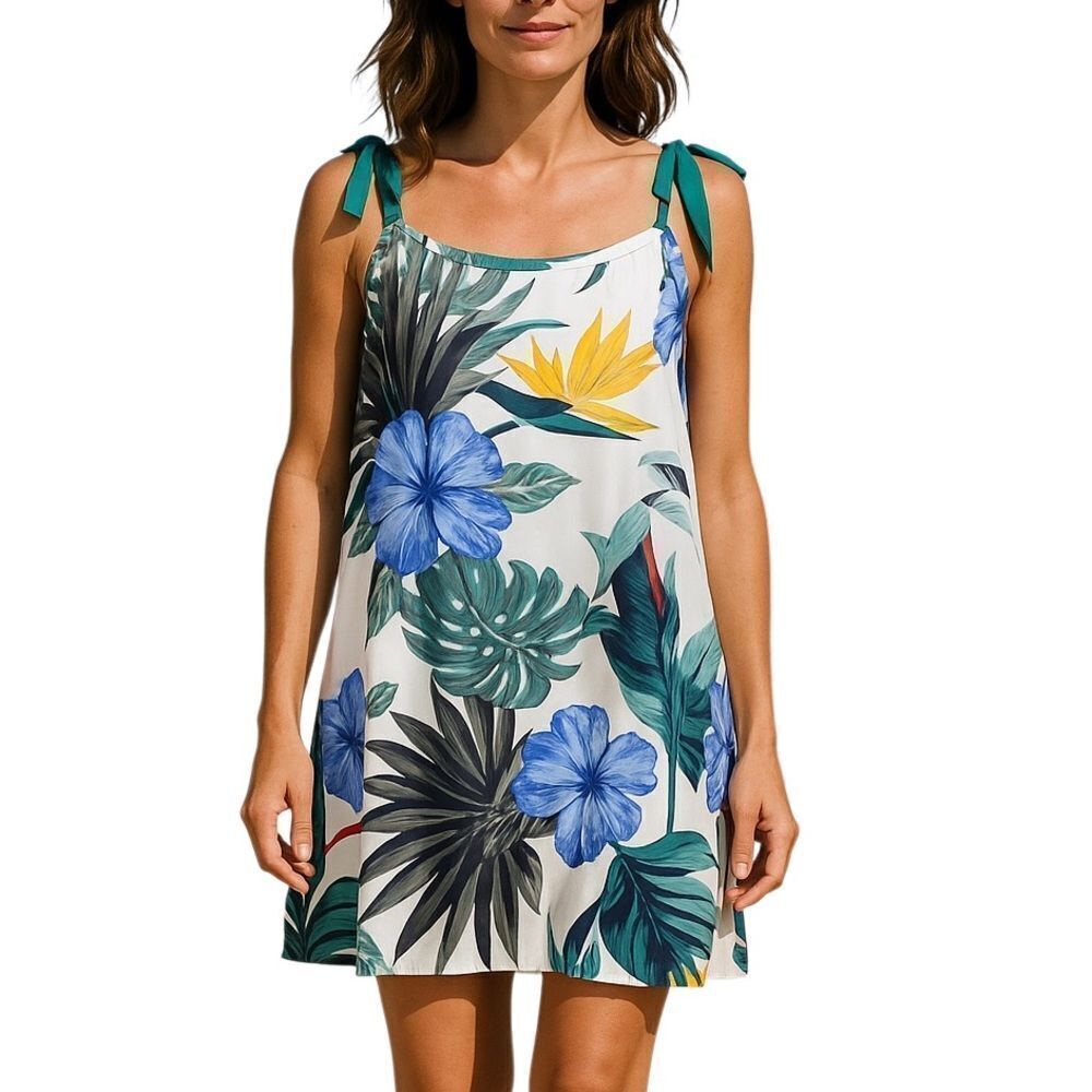 Hurley Women’s Woven Tropical Bird of Paradise Print Tunic Tie Dress Size Medium